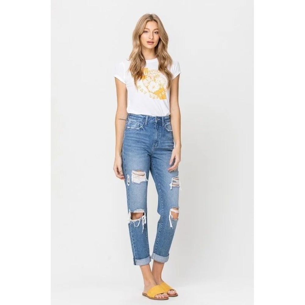 Vervet Distressed Rigid Mom Jeans High Waisted Rolled Cuff Denim Blue Womens